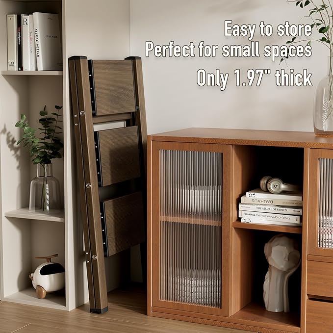 3 Step Ladder,Aluminum Folding Step Stool for Adults,Step Ladder with Wide Anti-Slip Pedal,330 lbs Capacity for Home,Office,Kitchen,Library(Walnut)