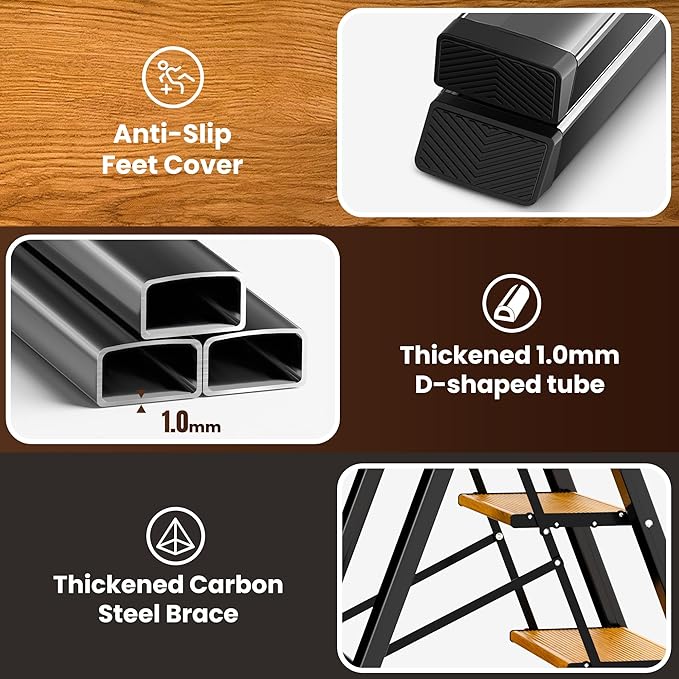 GameGem 3 Step Ladder, Aluminum Folding Step Stool with Anti-Slip Sturdy and Wide Pedal, Lightweight Portable Stepladder for Home and Kitchen Use Space Saving, 330 lbs, Black Woodgrain