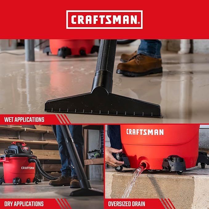 CRAFTSMAN CMXEVBE18595 16 Gallon 6.5 Peak HP Wet/Dry Shop Vac, Heavy-Duty Shop Vacuum Wet and Dry with Filter, 4 Dust Bags, Hose and Attachments for Home Projects & Renovations