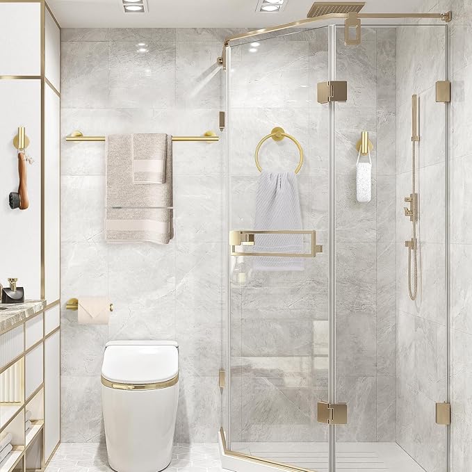 TURS Brushed Gold 8 Piece Bathroom Hardware Set, SUS304 Stainless Steel 24 Inch and 20 Inch Bath Towel Bar Set, Round Bathroom Accessories Kit Wall Mounted