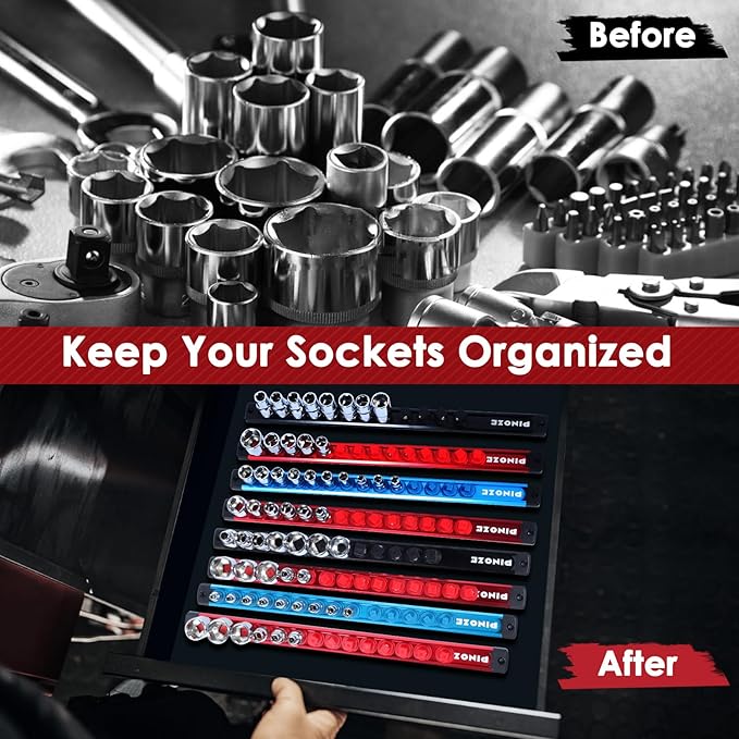 1/2" Magnetic Socket Holder Organizer - Aluminum Alloy Socket Rail Tray for Tool Box Drawer, Socket Rack with Extra 2Pcs Replacement Clips for Automotive Garage(Black)