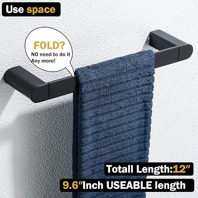 RANDOM 12 inch Matte Black Towel Bar Bathroom Hardware Accessories Modern Hand Towel Holder for Bathroom Kitchen SUS 304 Stainless Steel Towel Rack Contemporary Style Wall-Mounted.96026-2-12MB