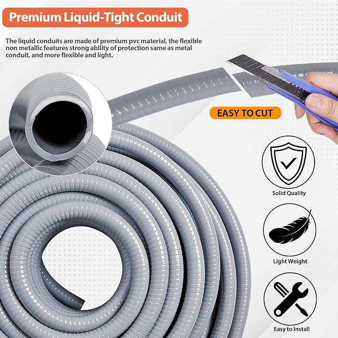 1/2" Liquid-Tight PVC Conduit Kit, 100ft with 10 Connectors, Grey, 5 Straight & 5 90-Degree Fittings, UL Certified, Flexible, Easy Installation, Multi-Application