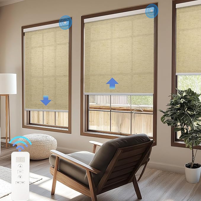 Motorized Blinds with Remote Cordless Automatic Motorized Shades Custom Blinds for Windows Smart Curtains Compatible with Alexa Google Home(Light Filtering Linen Soft Dunes,W31 x H72in)
