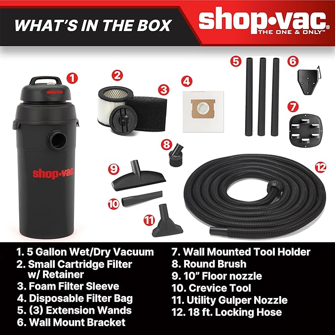 Shop-Vac 9522205 5 Gallon 5.5 Peak HP Hangup Wet/Dry Vacuum, 1.25 Inch Diameter x 18 Foot Hose, 6 Foot Cord, Wall Mount Included, Ideal for Garage, Workshop & Home