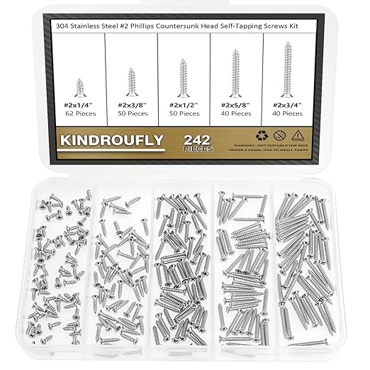 242 Pieces #2 x 1/4" 3/8" 1/2" 5/8" 3/4" Phillips Countersunk Head Self-Tapping Screws, Wood Screws Assortment Kit, 304 Stainless Steel