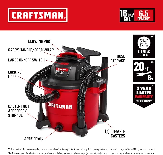 CRAFTSMAN CMXEVBE18595 16 Gallon 6.5 Peak HP Wet/Dry Shop Vac, Heavy-Duty Shop Vacuum Wet and Dry with Filter, 4 Dust Bags, Hose and Attachments for Home Projects & Renovations