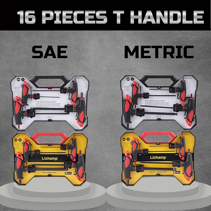 Lichamp 16 Pieces SAE and Metric T Handle Allen Wrench Set, 5/64-3/8 inch, 2-10mm, Ball Head, Standard Long Tee Handle Allen Hex Key Set, Heavy Duty Excellent