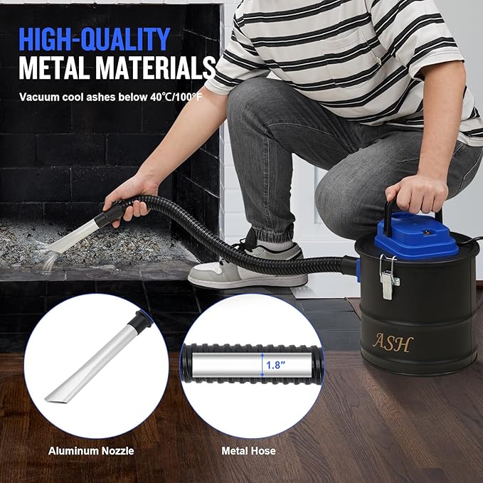 Ash Vacuum Cleaner -2.6 Gallon Fireplace Ash Vac with 800w Powerful Hose Non-Woven Dust Separator | Dry Stove Vacuum for Fireplaces Pellet Grill Wood Stove Fire Pits Blue