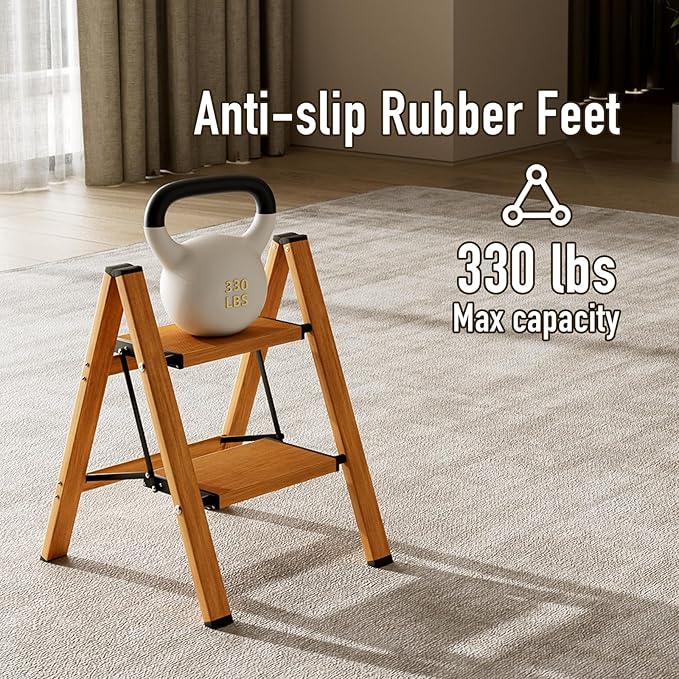 2 Step Ladder,Aluminum Folding Step Stool for Adults,Step Ladder with Wide Anti-Slip Pedal,330 lbs Capacity for Home,Office,Kitchen,Library(Woodgrain)