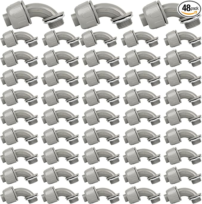 Conduit Connectors, 3/4 Inch Liquid Tight Connector NPT Non-Metallic for PVC Electrical Flexible Conduit Fittings, 90 Degree, UL Listed for Home Outdoor Tubes Tools, Grey (48-Pack)