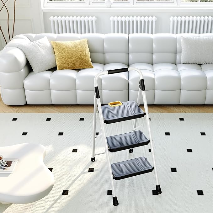 KINGRACK 3 Step Folding Ladder, 800lbs Capacity Step Stool with Safety Lock, Non-Skid Wide Pedals, and Handrail, Lightweight, Household Ladder for Home, Kitchen, Pantry, Closets, and Office Use, White