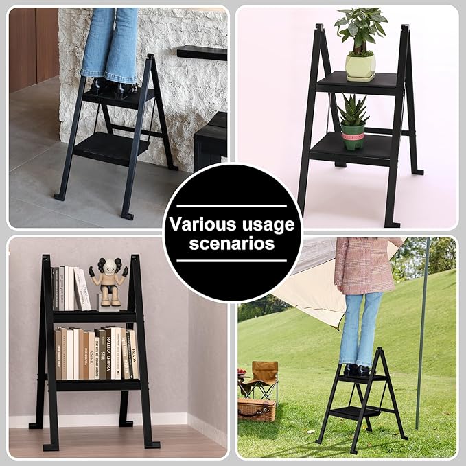 2 Step Ladder,Aluminum Ultra Thin Folding 2 Step Stool,400 Lbs Capacity Heavy Duty with Anti-Slip Sturdy and Wide Tread,Closet Slim Step for Home,Kitchen and Office,Space Saving (Black, 2-Step)