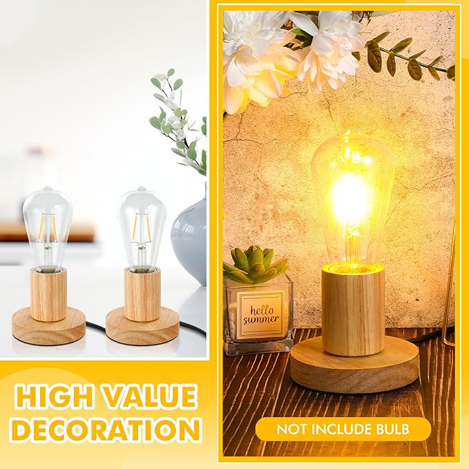 Tuanse 2 Pcs Polished Metal Desktop Lamp Base E26 E27 Screw Light Bulb Holder Sockets Night Light Base Lamp Replacement for Holding Bulb 6 Feet Cord on Off Switch Plug(Wood Color)