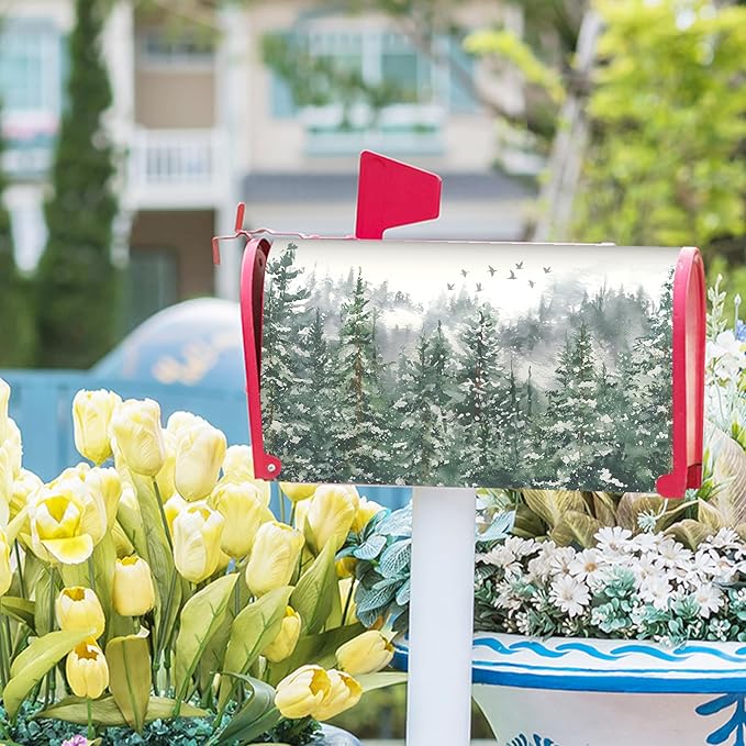 Kawani Winter Watercolor Tree Mailbox Covers Magnetic Christmas Green Pine Tree Forest Mail Box Post Letter Box Cover Standard Size 21x18 Inch for Xmas Holiday Outdoor Garden Yard Decor