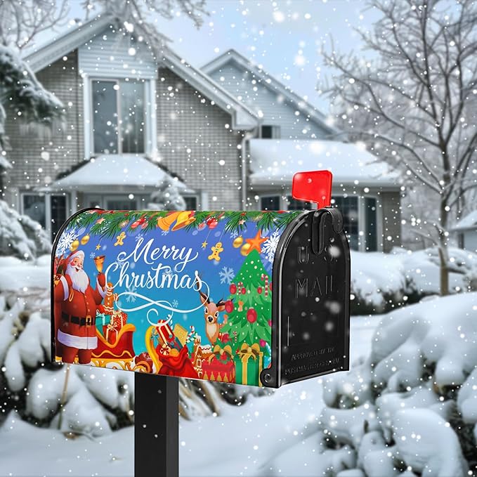 Christmas Mailbox Covers Magnetic Standard Size Merry Christmas Santa Post Box Cover Winter Snowflake Deer Mailbox Covers Xmas Holiday Letterbox Wraps Garden Yard Decor 21X18 Inch