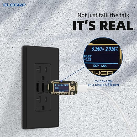 ELEGRP USB Outlets Receptacles, 3-Port Wall Outlet, 30W 6.0A Electrical Outlet, 15 Amp Tamper-Resistant Outlet with Type C Ports, UL Listed, Screwless Wall Plate Included, 6 Pack, Matte Black