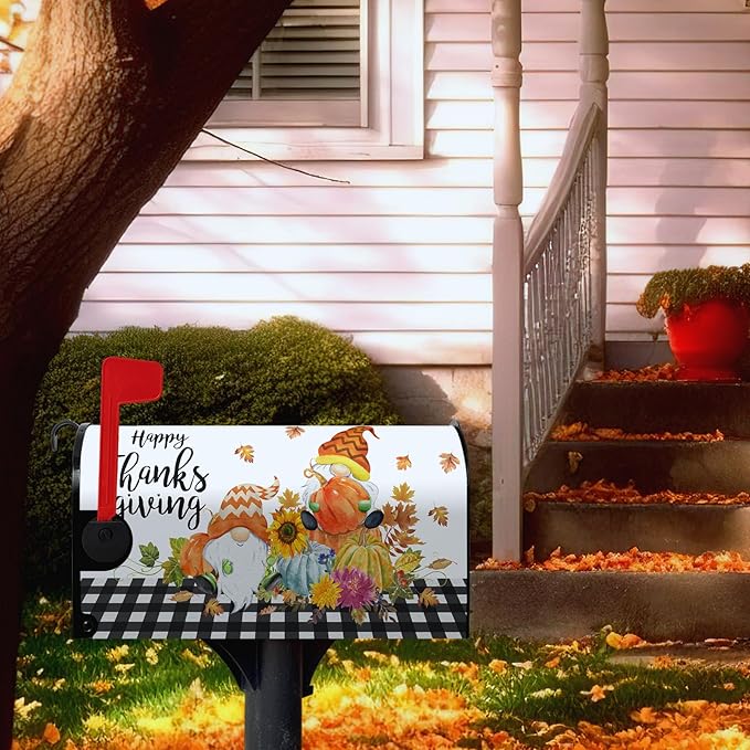 Happy Thanksgiving Mailbox Covers Magnetic Fall Gnomes Pumpkins Mailbox Cover Standard Size 21x18 Inch Decor Black White Plaid Letter Post Box Wraps for Garden Outdoor