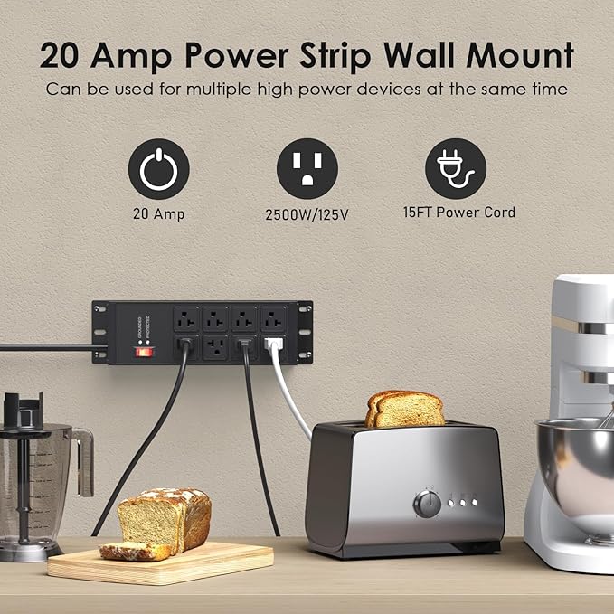 JUNNUJ Heavy Duty 20 Amp Surge Protector 4800J, Garage Metal 8 Outlets 12 Gauge, High Amp 5-15P Adapter Shop 6-20R T-Slot Industrial Outlet, 15 FT Extension Cord Commercial for Appliance