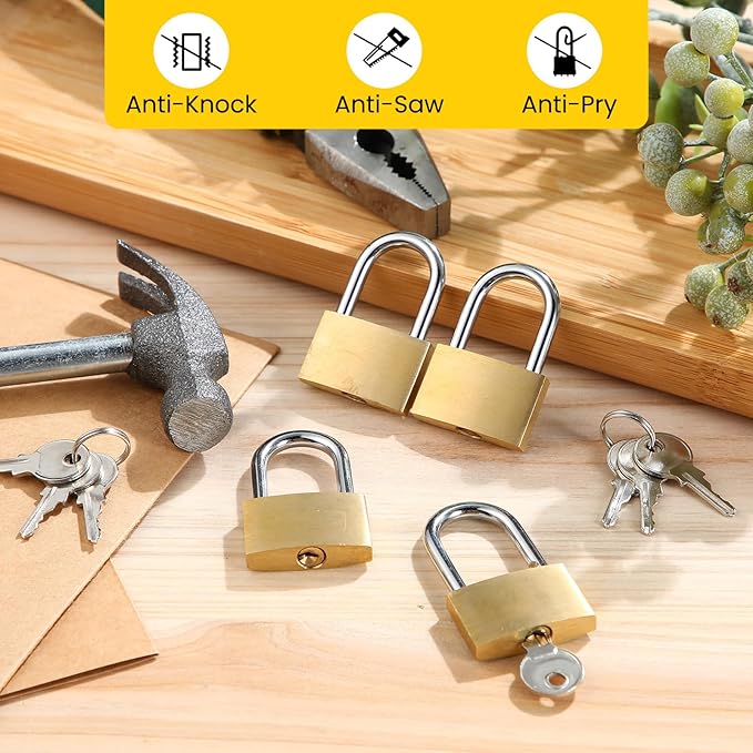 4 Pcs Solid Brass Keyed Padlock, Small Yellow Gym Lock, Strong Padlock with Same Key for Luggage Toolbox (30mm 1-3/16'')