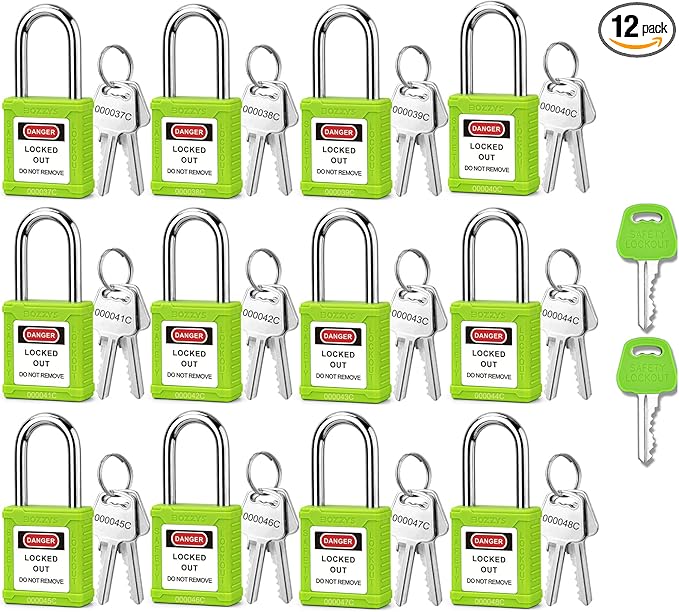 Lockout Tagout Locks with 2 Master Keys|12-Pack Green OSHA Loto Lock|Keyed Different & Laser Coding|Lock Out Padlock Kits for Machinery & Electrical Panels