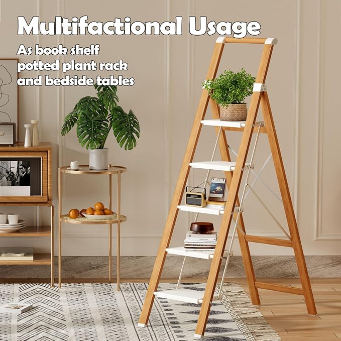 Taranta 5 Step Ladder, Portable Folding Ladder with Wide Pedal, Lightweight Aluminum Step Stool with Convenient Handgrip, 330 lbs Capacity Stepladder for Home, Office - White Woodgrain