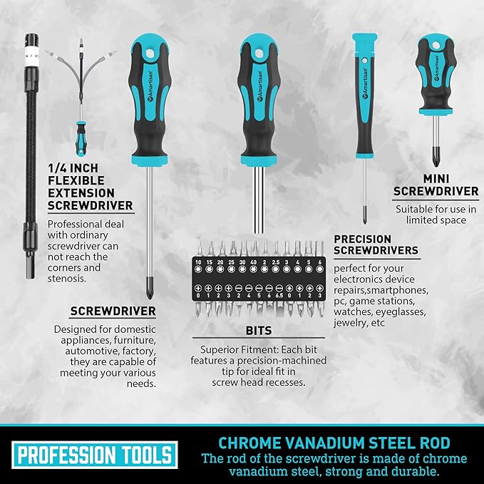 Magnetic Screwdrivers Set with Case, Amartisan 43-piece Includs Slotted, Phillips, Hex, Pozidriv,Torx and Precision Screwdriver Set, Magnetizer Demagnetizer Tools, Tools for Men (Blue))