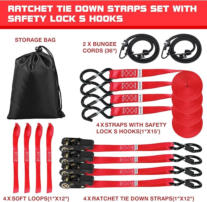 Ratchet Tie Down Straps 4 Pack -15 FT - 2200 LB Heavy Duty Srap for Trucks Cargo Ropes Tie Down Ratchet Rope Set Truck Bed with Safety Lock S Hooks Moving Hold Down-Red