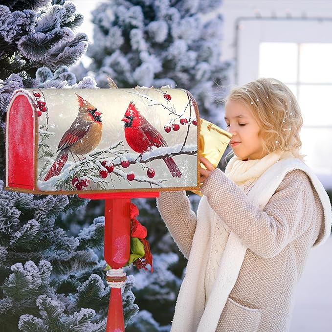 Kawani Winter Mailbox Cover Christmas Birds Holly Berry Branches Snow Mailbox Covers Magnetic Standard Size 25.5x21 Inch Winter Xmas Holiday Post Letter Box Cover for Garden Yard Decor