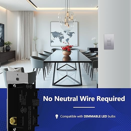 LIDER Dimmer Paddle Switch for Dimmable 300W LED/CFL Lights, 1-Pole or 3-Way, 120 V, Modern Upgrade, UL Listed, Screwless Wall Plate Included, Silver