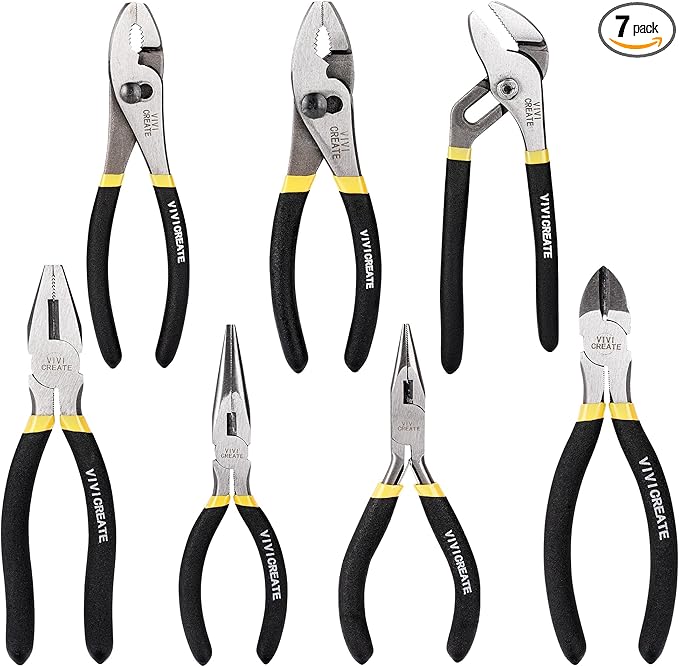 Vivicreate 7-Piece Pliers Set Heavy Duty Multipurpose Tools for Home Repair DIY Auto Electrical Work Includes Long Nose Slip Joint Linesman and Diagonal Pliers Alicates de Corte Herramientas