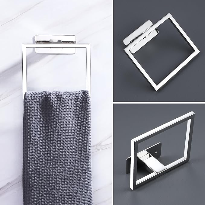 LANC Hand Towel Rings for Bathroom Wall Mount Chrome Polished Square Self Adhesive Hand Towel Holder for Lavatory Bathroom Hardware Accessories Stainless Steel Modern Shower Towel Racks, A8396CP