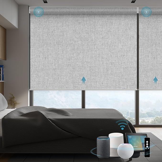 SmartWings Motorized Smart Blinds with Remote, Automatic Blackout Roller Shade Work with Alexa Homekit Thread Google Z-Wave, Electric Blind for Window, Custom Width Up to 110" W,Bouvardia Light Grey