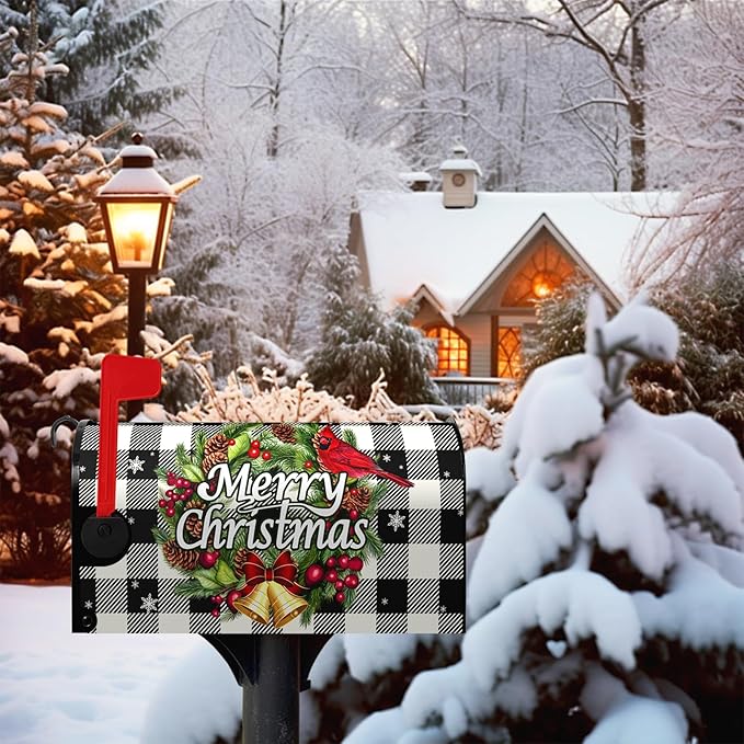Merry Christmas Mailbox Covers Magnetic Standard Size Winter Buffalo Plaid Mailbox Post Cover Xmas Snowflake Mailbox Wraps Holiday Mailbox Decor Waterproof 21 X18 Inch