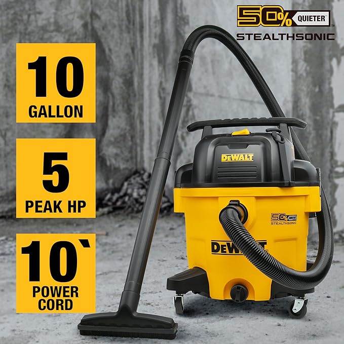 DEWALT 10 Gallon 5.0 Peak HP STEALTHSONIC Shop Vacuum Wet and Dry, Ultra Quiet Wet Dry Vac, Ideal for Jobsite, Garage, Car & Workshop, DXV10P-QT with Attachments & Powerful Suction, Portable Cleaning