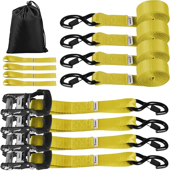 Truck Bed Tie Down Straps Ratchet Set 4 PK 10'x1.5 Inch 4400 lbs Load Rack Roof Car Accessories Heavy Duty Cargo Straps Ratching for Kayak,Moving Furniture,Boat,Trailer,Mattress Tie Downs Rope Yellow