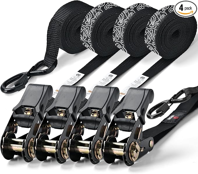 Ratchet Straps (4 PK) 15 Feet (1,823lb Break Strength) Heavy Duty Tie Down Strap with S Hook Black for Packing Motorcycle Truck Cargo