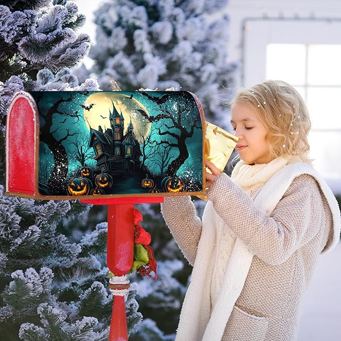 Kawani Halloween Mailbox Covers Magnetic Spooky Pumpkin Castle Bat Scary Night Happy Halloween Seasonal Holiday Post Letter Box Cover Standard Size 21x18 Inch for Garden Yard Decor