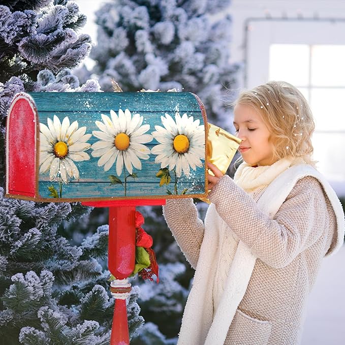 Spring Daisy Mailbox Covers Rustic Blue Old Wood Board Mailbox Covers Magnetic Standard Size 25.5x21 Inch Vintage Floral Waterproof Mail Box Wraps Post Letter Box Covers Garden Yard Outdoor Decor