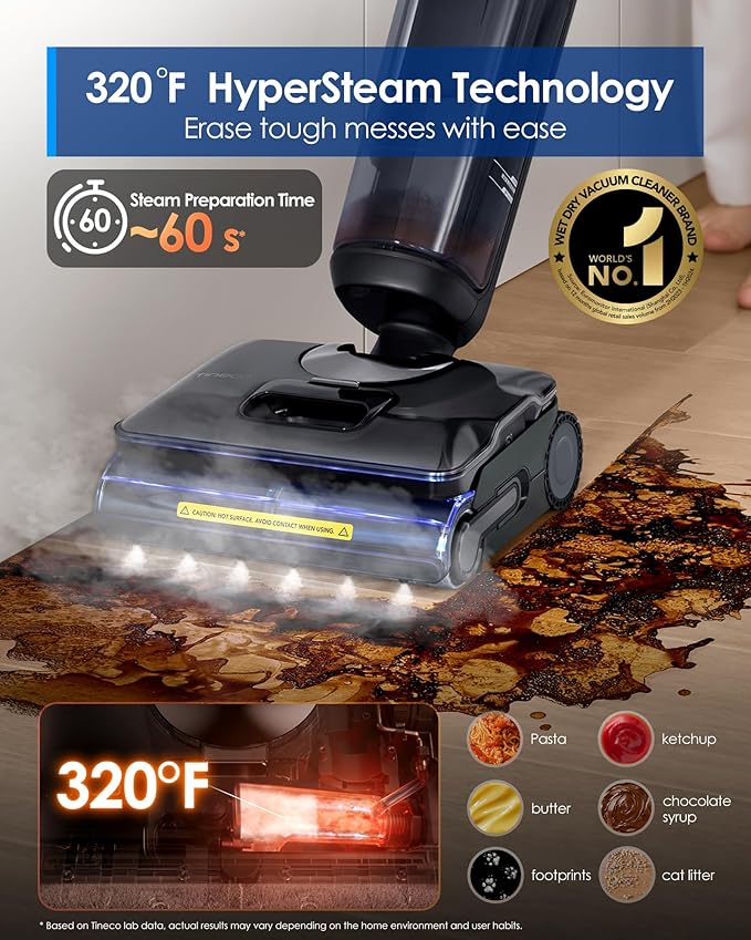 Tineco Floor One S7 Stretch Steam Cordless Wet Dry Vacuum Steam Mop All-in-One, 320℉ HyperSteam, 180° Lay-Flat, Anti-Tangle Design, FlashDry Self-Cleaning, Up to 80 Min Runtime