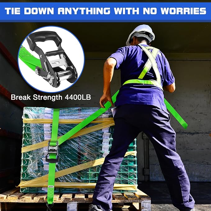 Ratchet Tie Down Straps Set Heavy Duty 4 Pack 15 FT 4400 LB 1.5 Inch Motorcycle Tie Down Strap for Cargo/Pickup Truck Bed Toolbox Accessories,Moving Stuff,Dirtbike,Roof Rack Tie Downs Kit Ropes-Green