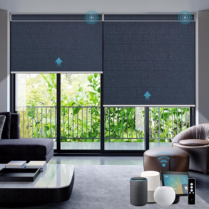 SmartWings Motorized Smart Blinds with Remote, Custom Automatic 100% Blackout Roller Shade Compatible with Alexa/Homekit/Google, Electric Smart Blinds for Indoor Windows, Eclipse Denim