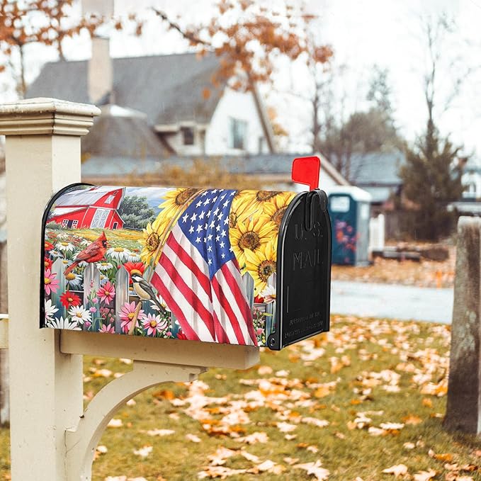 America Flag Patriotic Mailbox Covers - 4th of July Magnetic Standard Size 25.5x21 Inch Summer Floral Bird Waterproof Mailbox Wraps - Post Letter Box Covers - Garden Yard Decor for Outdoor