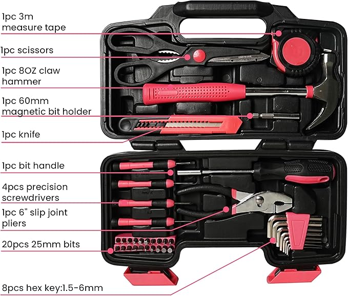 39-Piece Pink Tool Set for Women Household Small Tool Set ToolBox Storage for Home Repairs Hand Tool Kit for Office and College Dorm