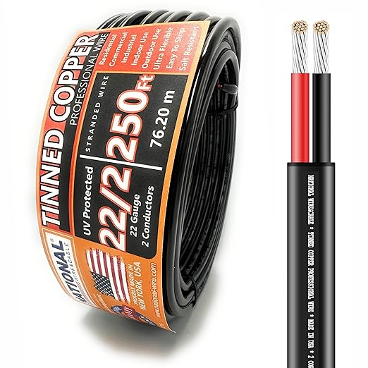 National Wire&Cable - 22/2 Tinned Copper Professional Wire (250 Feet) 22 AWG Gauge Stranded PVC Cord - 2 Conductor Electrical Wire - Made in USA - CL Rated/ETL Listed - LED Light, Low Voltage Cable