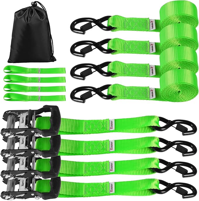 Ratchet Tie Down Straps Set Heavy Duty 4 Pack 10 FT 4400 LB 1.5 Inch Motorcycle Tie Down Strap for Cargo/Pickup Truck Bed Toolbox Accessories,Moving Stuff,Dirtbike,Roof Rack Tie Downs Kit Ropes-Green
