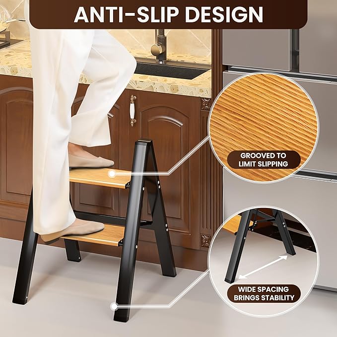 GameGem 2 Step Ladder, Aluminum Folding Step Stool with Anti-Slip Sturdy and Wide Pedal, Lightweight Portable Stepladder for Home and Kitchen Use Space Saving, 330 lbs, Black Woodgrain