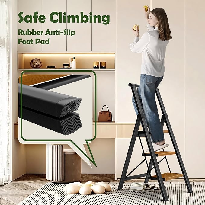 Taranta 3 Step Ladder, Portable Folding Ladder with Wide Pedal,Lightweight Aluminum Step Stool with Convenient Handgrip,330 lbs Capacity Stepladder for Home, Office-BlackWoodgrain