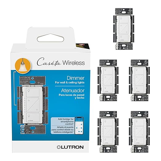 Lutron Caseta Original Smart Dimmer Switch (Lutron Smart Hub Required), for LED Lights, 150 Watt, Single-Pole/3-Way, No Neutral Required, PD-6WCL-WH, White, 5 Pack