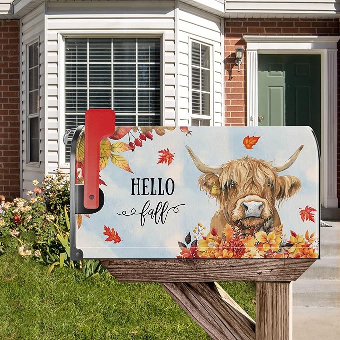 Fall Highland Cow Mailbox Cover Magnetic Standard Size 21x18 Inch Autumn Decorative Post Letter Box Wrap Decor Garden Yard Decoration